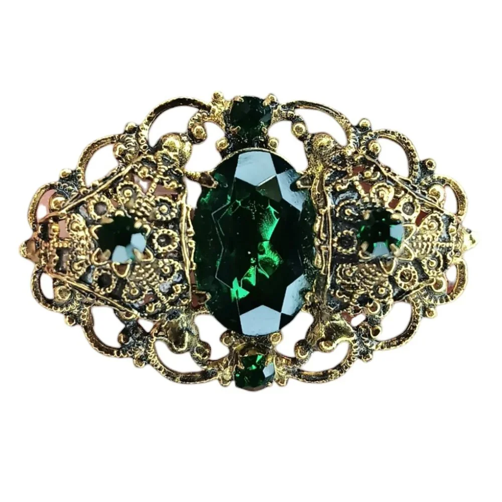 Gold Filigree Brooch Pin Green Stones Victorian Prong Settings Oval Goldtone